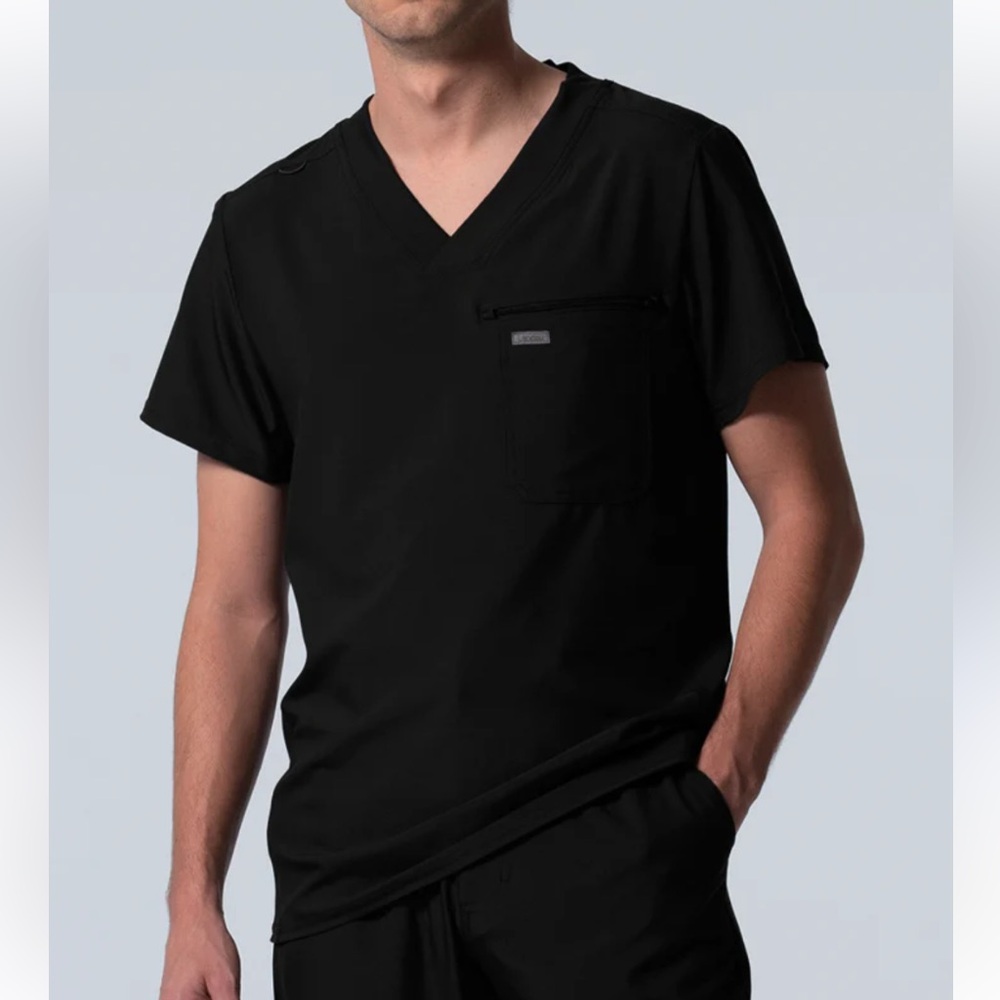 🔴 4/$15 LANDAU Men's M Black Reg Fit V-Neck Short Sleeve Scrub Top Shirt in EUC